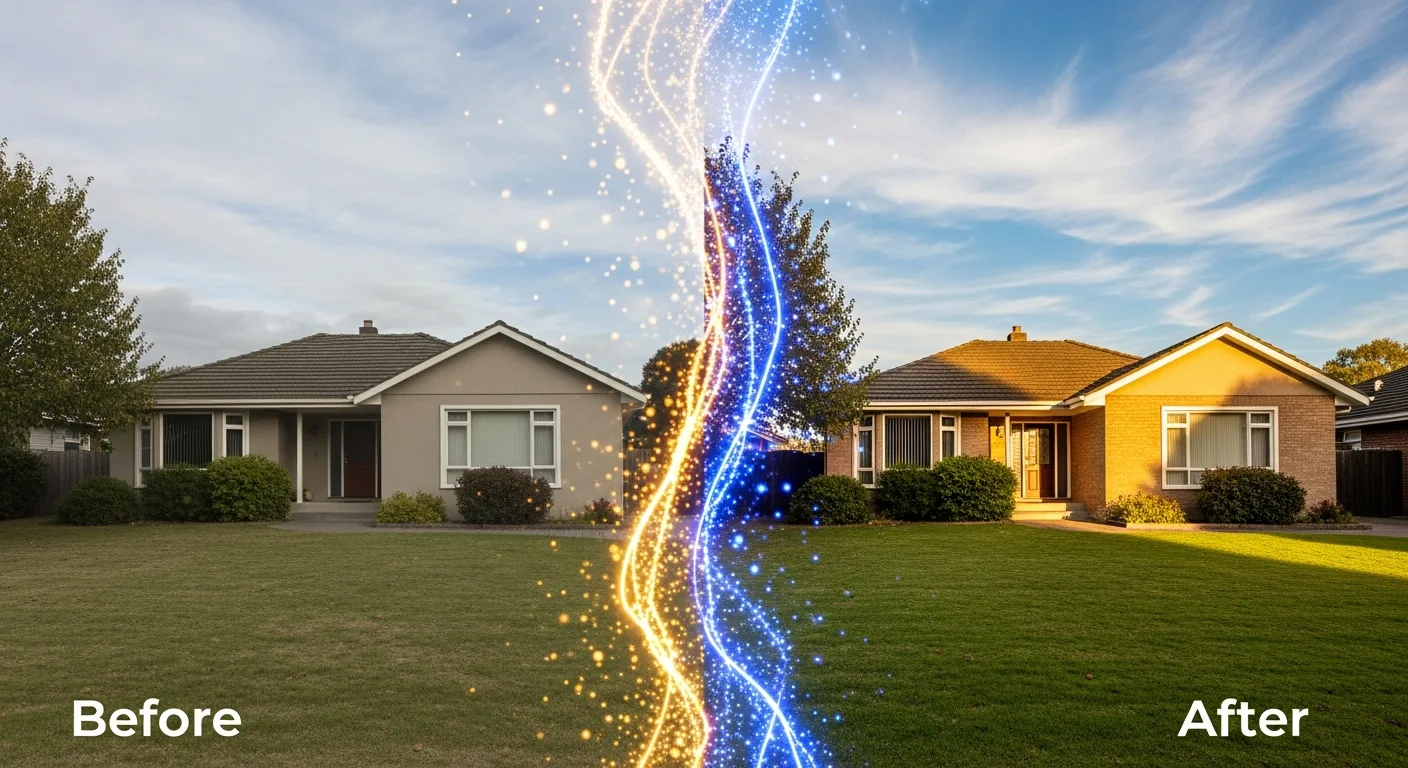 Illustration of an exterior photo before and after AI enhancement