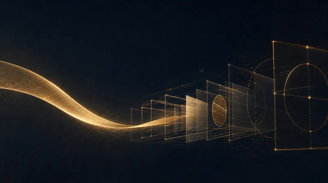 Gold light ribbon passing through frames