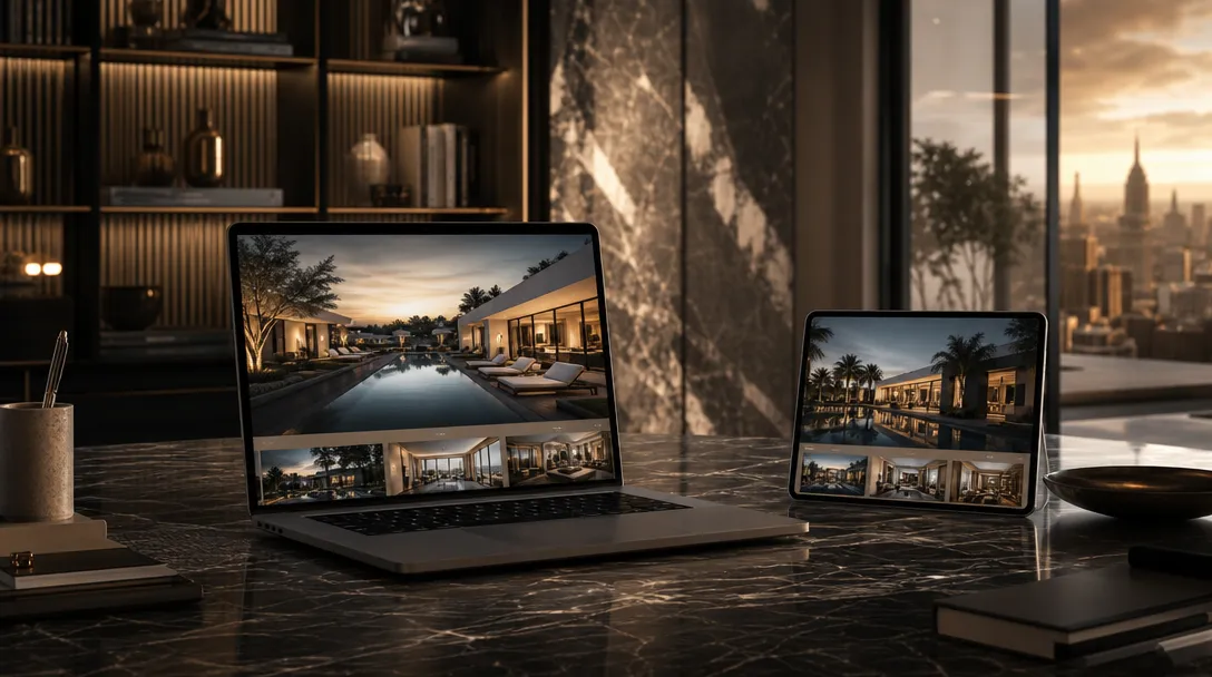 Property website shown on a laptop and tablet