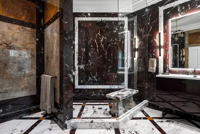 Dark marble primary bathroom