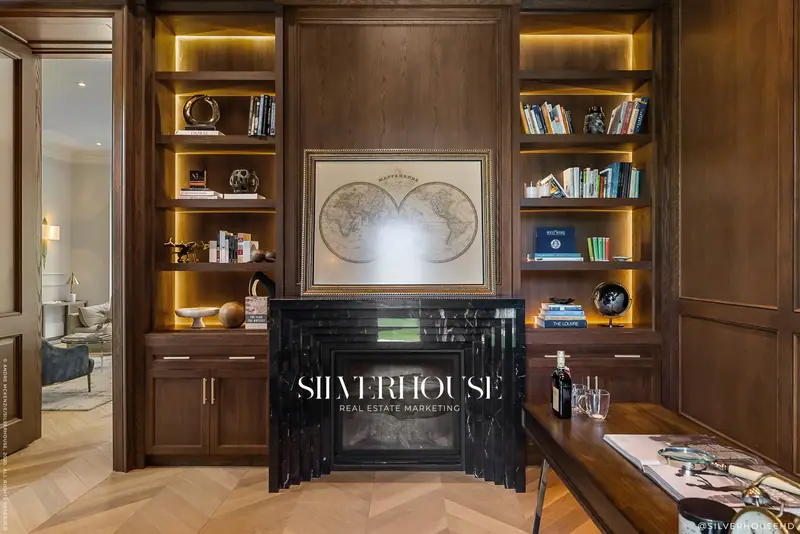 Walnut library with fireplace