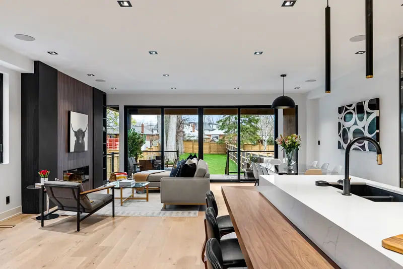 Open living and dining room with garden doors