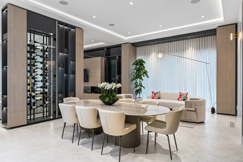 Dining room beside a glass wine wall